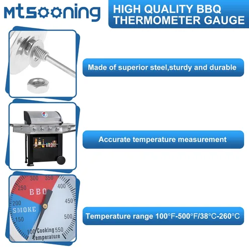 Vista 4 de Medidor de termómetro para barbacoa, 2 pulgadas 550F temperatura del para parrilla Pit Ahumador de madera Carne al aire libre Carne de res Cerdo