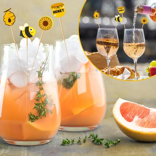 Vista 6 de Zubebe Palillos de cóctel de abejas de verano, palillos de dientes de bambú de girasol, palillos de dientes de cóctel para cupcakes, aperitivos