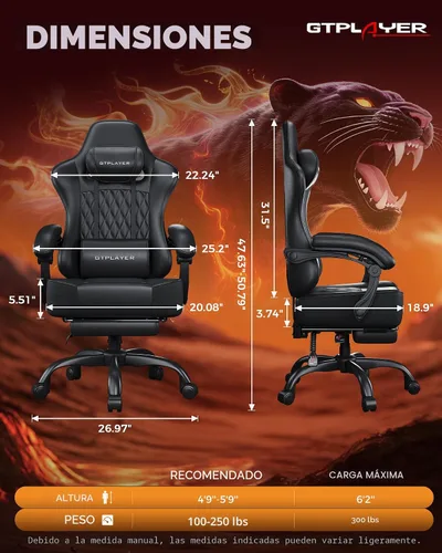 Vista 2 de GTPLAYER Silla de juegos grande y alta con reposapiés, silla de escritorio ergonómica de oficina con cojín de 4.4 pulgadas de grosor y asiento ancho