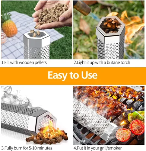 Vista 2 de Tubo ahumador de pellets, 1 paquete de 12 pulgadas Tubo ahumador con cepillo, acero inoxidable premium, 5 horas de humo intenso Tubo ahumador