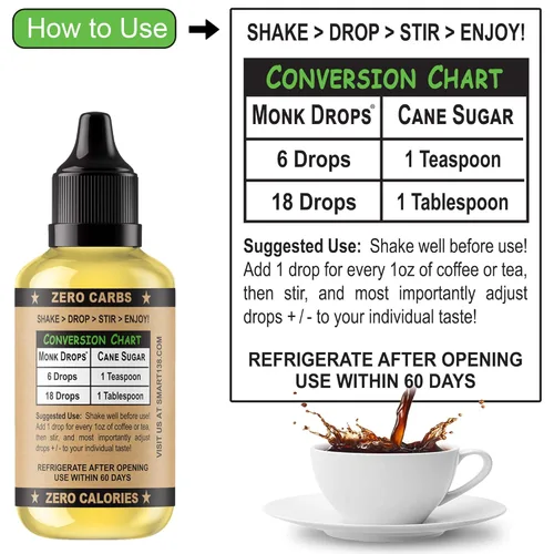 Vista 3 de Monk Drops - Edulcorante líquido 100% de fruto del monje, no glucémico, cero calorías, cero azúcar, sin agua añadida, concentrado de fruto del monje