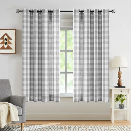 Vista 13 de Jubilantex Paneles de Cortina Semitransparentes a Cuadros Buffalo Blanco y Negro, Cortinas Texturizadas a Cuadros Gingham, Cortinaje, Cortinas