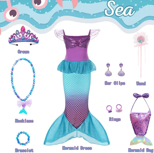 Vista 2 de Disfraz de sirena para niñas, vestido de princesa Ariel para Halloween, cosplay, cumpleaños, con accesorios de corona