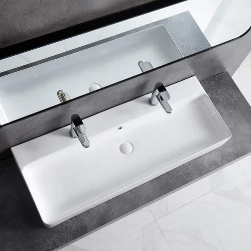 Vista 8 de Eridanus Lavabo de Baño Rectangular 43" x 16", Lavabo Vasija de Cerámica Vítrea de Dos Orificios, Montaje en Encimera y Pared, Lavabo Flotante