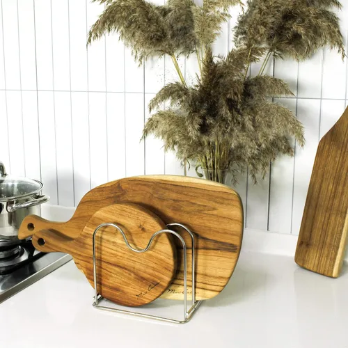 Vista 7 de LENITH Soporte para tabla de cortar de alambre de acero inoxidable, organizador de tabla de cortar para cocina con 2 seccionales