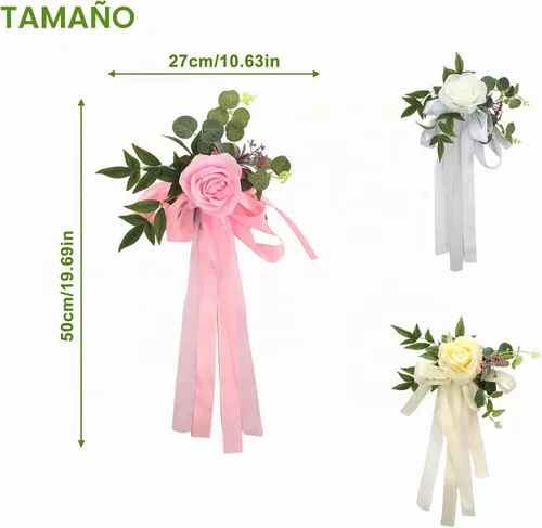 Vista 5 de FQQWEE - 6 piezas de decoración para sillas de pasillo de boda, rosas blancas, flores de respaldo de silla de boda con hojas y cintas, silla