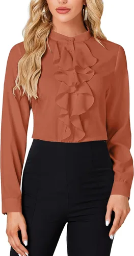 Vista 16 de LYANER - Blusa de cuello alto con botones, volantes en el frente, manga larga, camisa de trabajo para mujer
