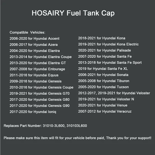 Vista 6 de Tapa de gasolina 31010-3L600 para Hyundai Accent Elantra Entourage Equus Santa Fe Sonata Tucson para Genesis G70 G80 G90 para Kia Amanti Cadenza