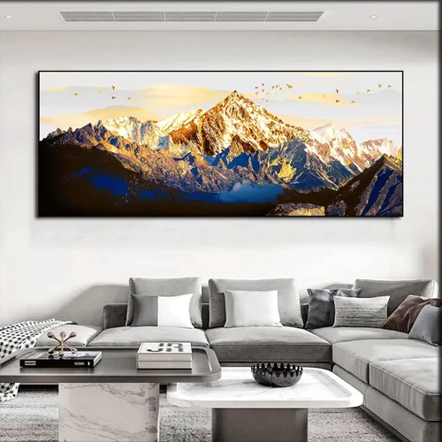 Vista 4 de Imprimir sobre lienzo. Cartel de la naturaleza Cuadros abstracta del paisaje de la montaña de la nieve del oro. Impresiones en lienzo Arte