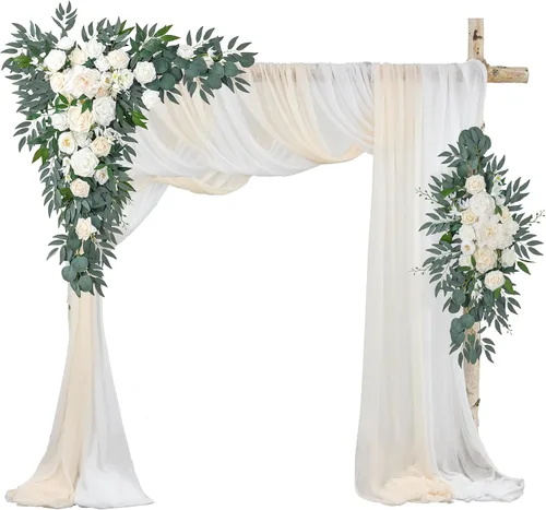 Vista 11 de Ting's time Juego de flores para arco de boda con cortinas (paquete de 4), 2 guirnaldas florales azul polvoriento y 2 cortinas de tela
