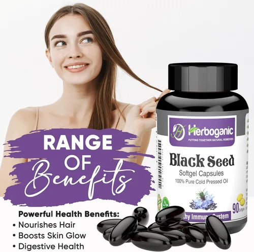 Vista 8 de HERBOGANIC Cápsulas blandas de aceite negro prensado en frío, 90 unidades, mezcladas con otros productos herbarios, apoya la salud general