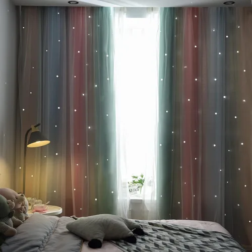 Vista 3 de Cortinas Opacas con Corte de Estrella Arcoíris para Dormitorio de Niñas - Doble Capa con Ojales Superiores para Sala de Estar, 2 Paneles