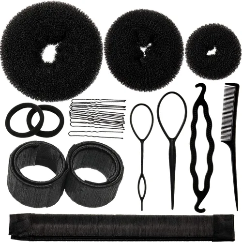 Vista 8 de WILLBOND Juego de moldeador de moño, 3 donas para el cabello, 2 marcadores de moño, 4 herramientas de cola de caballo, 10 pines y 2 bandas