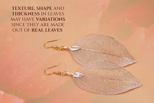 Vista 25 de Joyas de hoja de oro rosa y plata para mujer. Pendientes de hoja natural y collares circulares colgantes. Elegantes conjuntos de joyas colgantes.