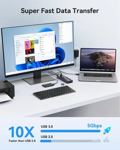 Vista 3 de Hub USB 3.0 alimentado, Wenter 10 puertos 36 W alimentado USB Hub, divisor USB de aluminio con interruptores individuales de encendido/apagado