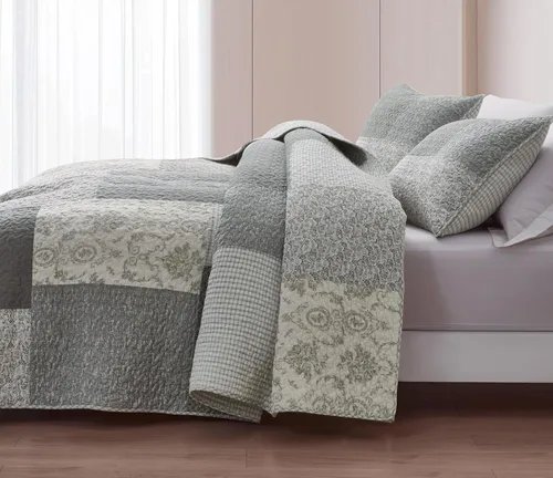 Vista 12 de Chezmoi Collection Caleb - Juego de edredón de 2 piezas con diseño floral a cuadros en gris apagado, blanco y marfil, rectangular, prelavado
