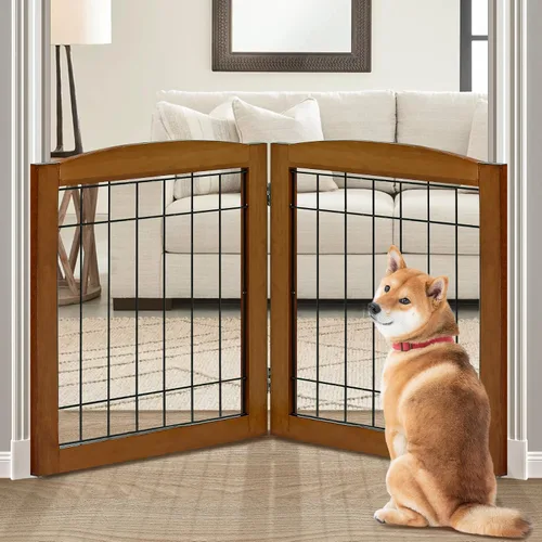 Vista 19 de LZRS Puerta plegable independiente de madera para perros de 2 paneles, madera maciza y alambre de acero, barrera para mascotas resistente a