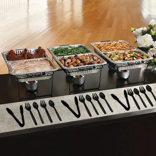 Vista 2 de Party Essentials Kit de servicio de bufé Elegance de 33 piezas, incluye estantes negros para rozar, sartenes de aluminio, sartenes de agua, latas