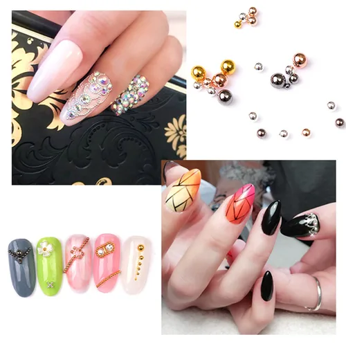 Vista 3 de Paquete de 4 cuentas de caviar de uñas, micro cuentas de metal para uñas, decoración de uñas 3D, bola de acero para uñas, plata dorada, gema negra