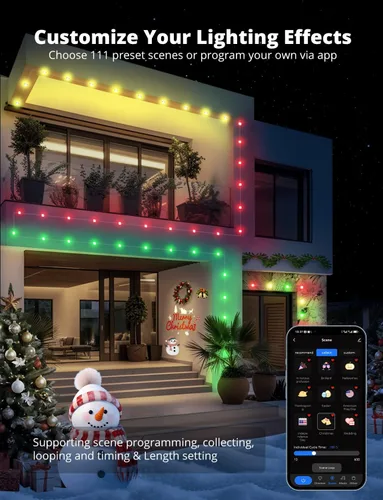 Vista 3 de Luces de exterior permanentes de 50 pies con 45 LED, luces de cadena LED RGB para exteriores que cambian de color con 60 lm de luz blanca cálida