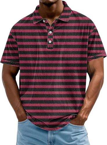 Vista 25 de Camisa polo de manga corta para hombre, camiseta de golf a rayas, de manga corta, para vacaciones, casual, cuello en V, camiseta de verano