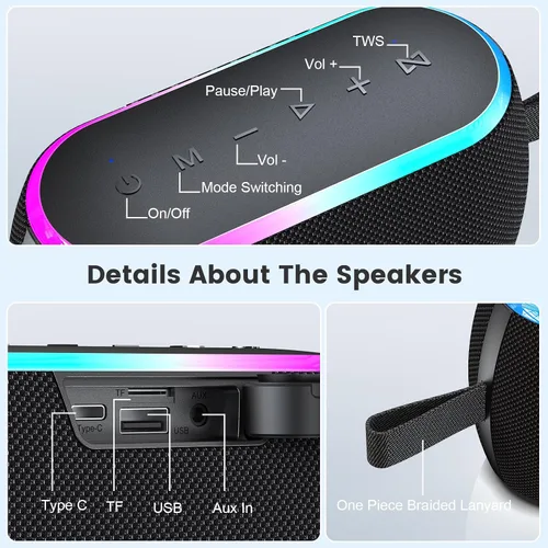 Vista 8 de Altavoz Bluetooth, inalámbrico portátil de 40 W con graves estéreo, Bluetooth 5.3, altavoces de ducha impermeables IPX6, luces LED, emparejamiento