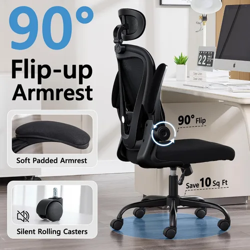 Vista 7 de Office Chair, Ergonomic Office Chair with Headrest, Comfy Home Office Desk Chairs with Lumbar Support & Flip-up Armrests, 330LBS High Back Mesh
