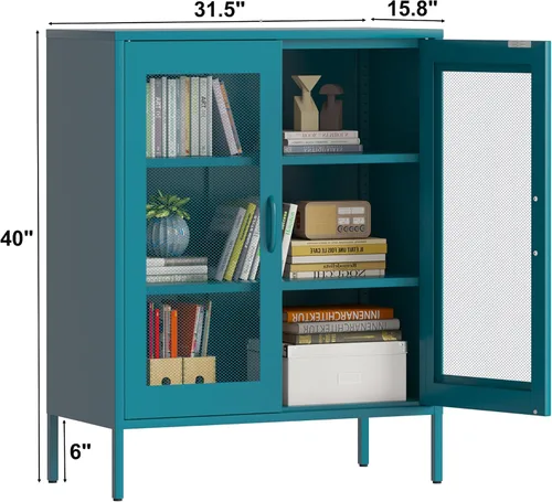 Vista 63 de Gabinete de almacenamiento de metal ancho negro, gabinete de acento de 2 puertas para el hogar y la oficina, gabinete de metal bajo de 2 niveles