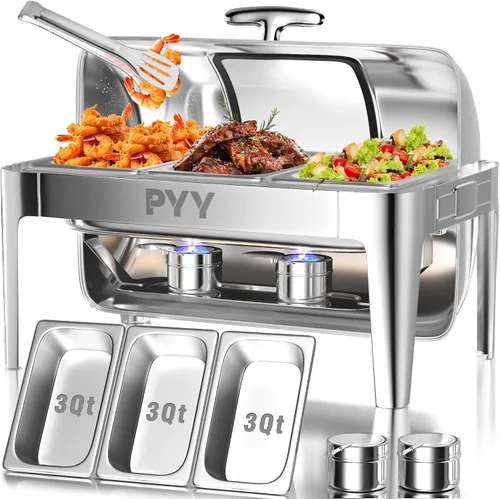 Vista 9 de Juego de buffet de platos de roce PYY con tapa enrollable, juego de 9 cuartos de galón de servidor de roce de acero inoxidable para catering, chafer