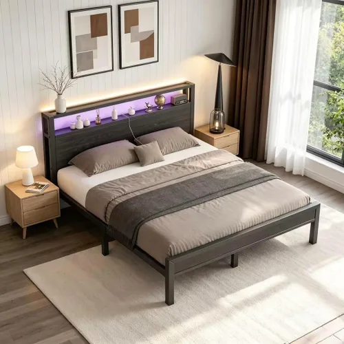 Vista 8 de LoVinson Full Size Bed Frame with Charging Station and LED Light, Metal Platform Bed with Storage Headboard, Noise Free, No Box Spring Needed, Easy