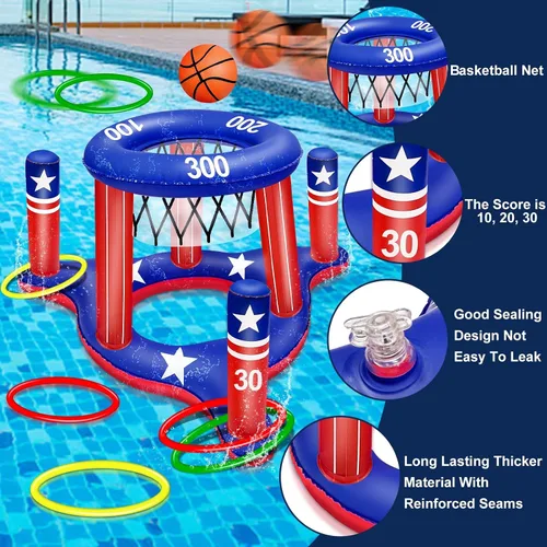 Vista 3 de Juguetes de piscina con la bandera estadounidense para adolescentes y adultos, 250 aniversario, aro de baloncesto flotante 2 en 1, juego