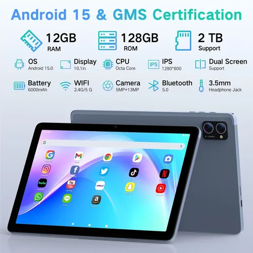 Vista 2 de Tablet Android 15 de 10.1 pulgadas con Gemini AI, Octa-Core 12 GB de RAM 128 GB ROM (expansión de 2 TB), tabletas de pantalla táctil HD grande