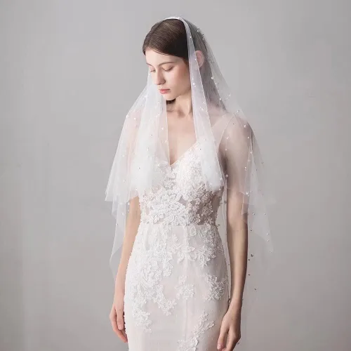 Vista 3 de V607 Luxurious Fingertip Marriage Bridal Veil Pearls Beaded Plain Tulle One-Layer Blusher White Wedding Bride Veil with Comb