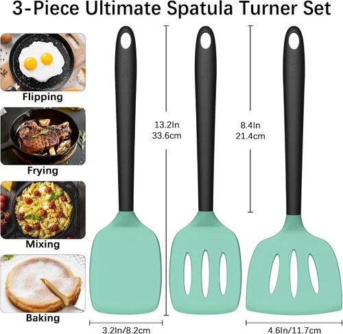 Vista 2 de Coukre Juego de 3 espátulas de silicona, resistentes a altas temperaturas, sin BPA, espátulas para pescado, mango sólido y ranurado para sartenes