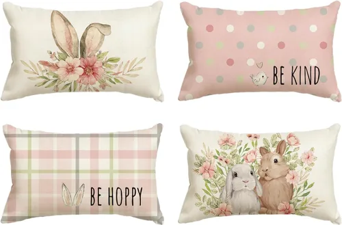 Vista 8 de AVOIN colorlife Juego de 4 fundas de cojín de Pascua con diseño de búfalo y flor de conejo de Pascua Be Hoppy Bule, 18 x 18 pulgadas, diseño