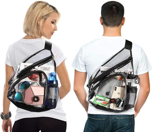 Vista 6 de HULISEN Bolsa de PVC transparente aprobada para estadios, mochila con correa ajustable, Bolsa de bandolera transparente