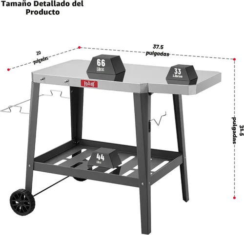 Vista 3 de Feasto Carro de Parrilla al Aire Libre, Mesa con Horno de Pizza con Ruedas, Encimera de Acero Inoxidable con Mesa Extensible Plegable, Carro