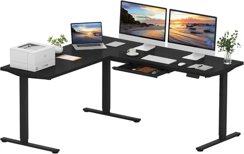 Vista 29 de SANODESK - Escritorio de pie en forma de L, altura ajustable, escritorio de esquina eléctrico, mesa de computadora ajustable de 63 x 48 pulgadas