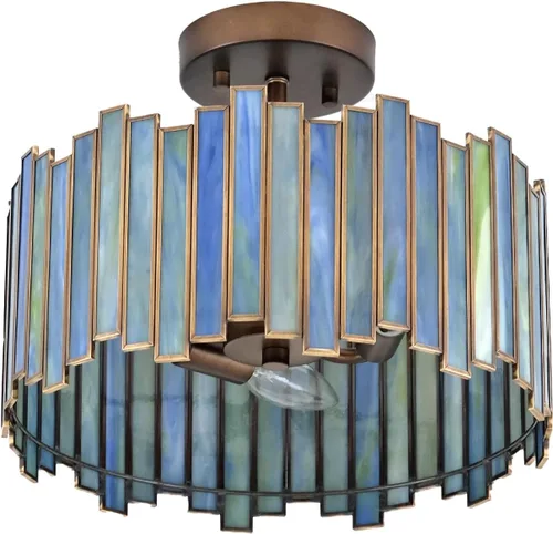 Vista 14 de Lámpara de techo de latón antiguo en forma de tambor, lámpara Tiffany semiempotrada de 12.5 pulgadas con vidrio verde Mable, iluminación colgante