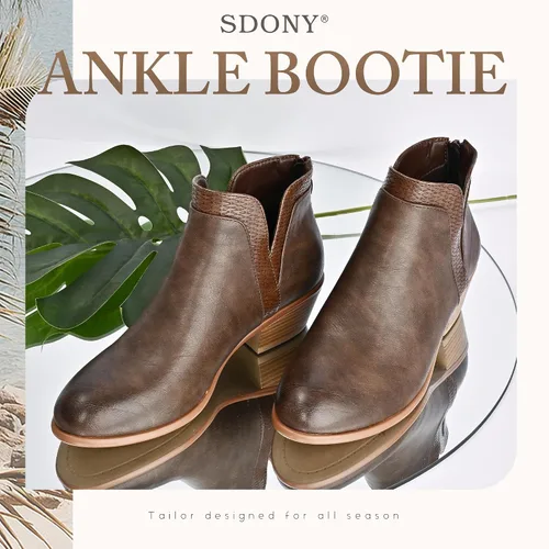 Vista 6 de SDONY Botines de tacón bajo para mujer, botines gruesos y elegantes con cremallera para mujer