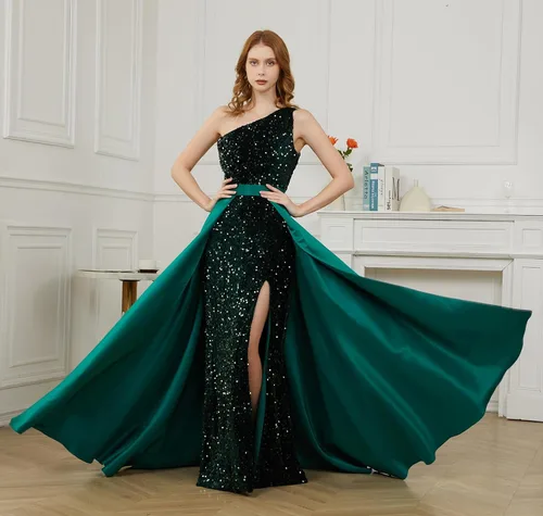 Vista 7 de Vestidos de fiesta de lentejuelas de un hombro 2024, vestidos largos de satén para mujer, vestidos de noche formales de sirena brillante con abertura