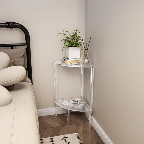 Vista 6 de Eglaf - Mesa auxiliar de esquina acrílica de 2 niveles, mesa auxiliar transparente Triangle Side Table, Fan-Shaped Corner Table for Living Room
