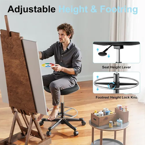 Vista 5 de Silla de dibujo con rueda de gravedad de bloqueo automático, silla de escritorio de pie ajustable en altura, taburete de dibujo alto, con respaldo