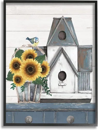 Vista 9 de Stupell Industries Country Counter Birdhouse - Arte de pared con marco blanco tradicional de girasol, naturaleza muerta, 11 x 14, gris Stupell