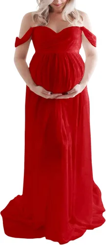 Vista 2 de Maternity Dress for Photography Off Shoulder Chiffon Gown Split Front Maxi Pregnancy Dresses for Photoshoot