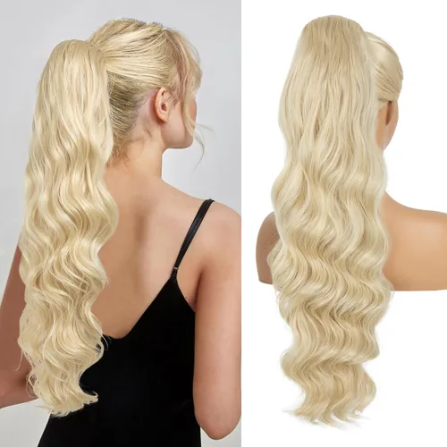 Vista 13 de Extensiones de cabello sintético ondulado con cordón para cola de caballo de 26 pulgadas, para mujer, castaño medio ceniza, rubio ceniza