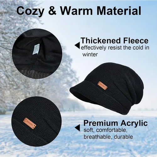 Vista 3 de Gorro de punto holgado para mujer, con forro polar cálido, gorro elástico con visera
