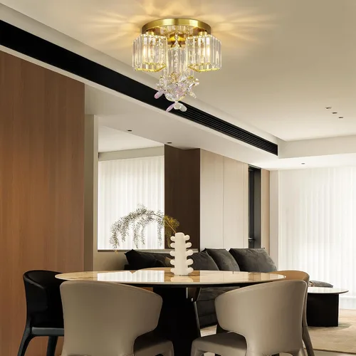 Vista 7 de Lámpara de techo semiempotrada, 3 lámparas cerca del techo para cocina, entrada, dormitorio, baño, vestíbulo, moderno, cristal dorado, lámpara