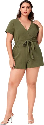 Vista 4 de WDIRARA Women's Plus Size Deep V Neck Wrap Belted Rib Knit Romper Shorts