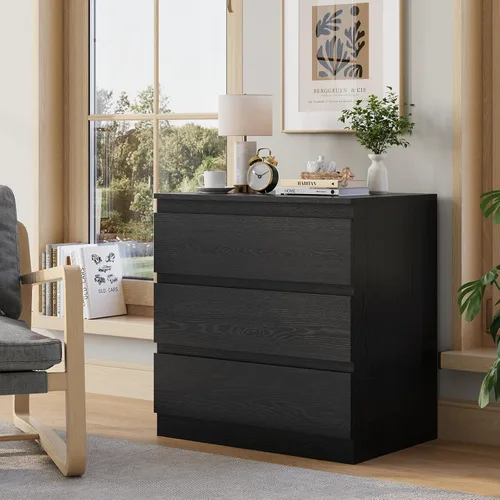 Vista 11 de Cómoda de madera negra para dormitorio, 5 cajones para almacenamiento de ropa, cómoda moderna con cajones anchos, cómoda de madera amplia para sala